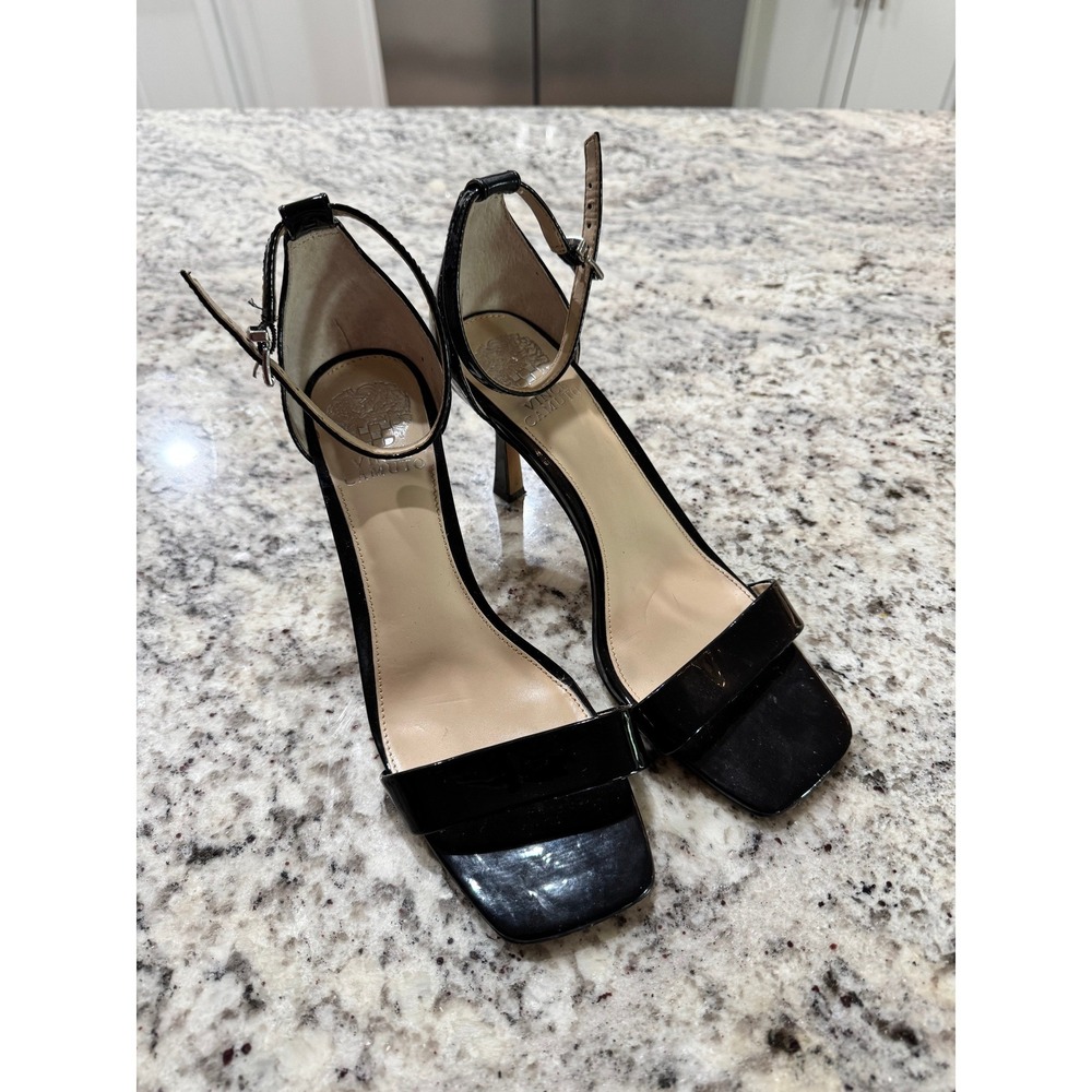 Vince Camuto Black Patent Leather Square Toe Ankle Strap Heel Sandals